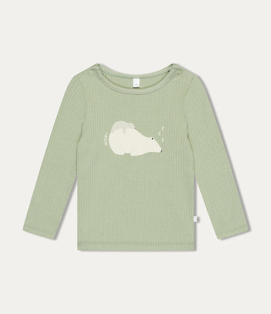Ribbed Polar Bear Placement Print Long Sleeve T shirt - Sage & Polar Bear