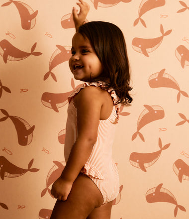 Seersucker Frill Swimsuit -  Coral Seersucker