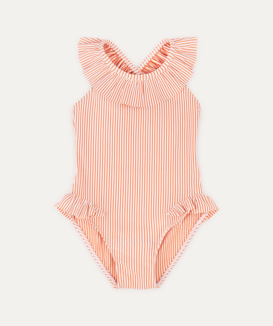 Seersucker Frill Swimsuit -  Coral Seersucker