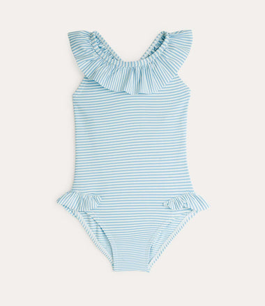 Seersucker Frill Swimsuit - Soft Blue Stripe