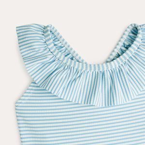 Seersucker Frill Swimsuit - Soft Blue Stripe