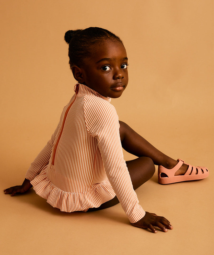 Seersucker Long Sleeve Swimsuit -  Coral Seersucker
