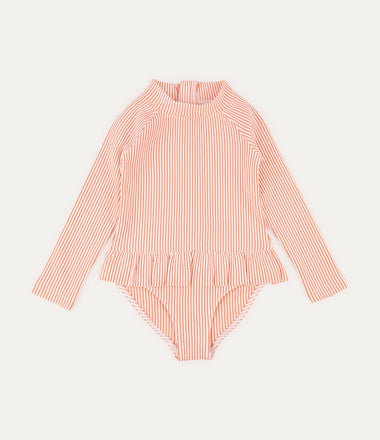 Seersucker Long Sleeve Swimsuit -  Coral Seersucker