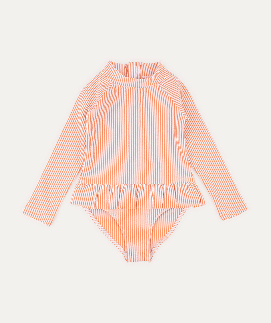 Seersucker Long Sleeve Swimsuit -  Coral Seersucker