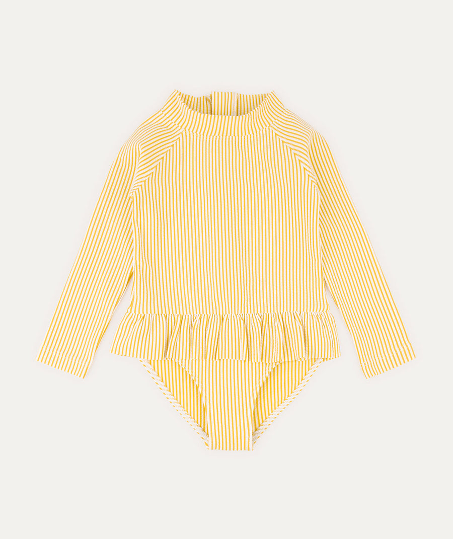 Seersucker Long Sleeve Swimsuit -  Yellow Seersucker