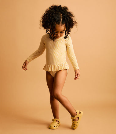 Seersucker Long Sleeve Swimsuit -  Yellow Seersucker