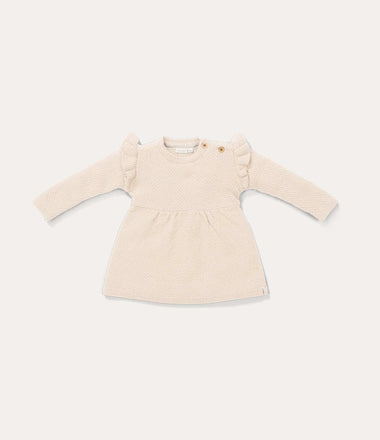 Knitted Dress Long Sleeves Ruffles - Sand